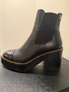 CHANEL Black Leather Platform Chelsea Boot with Gold Chain Trim